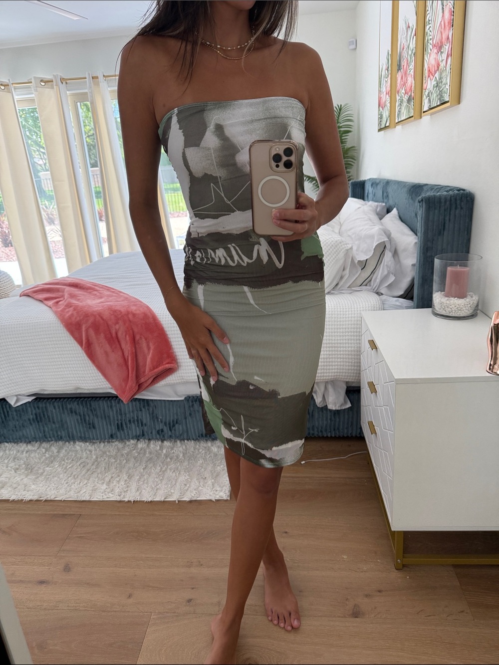 iNAMORATA Strapless Abstract Print Bodycon Dress in Olive, Cream & Brown - Picture 1 of 4